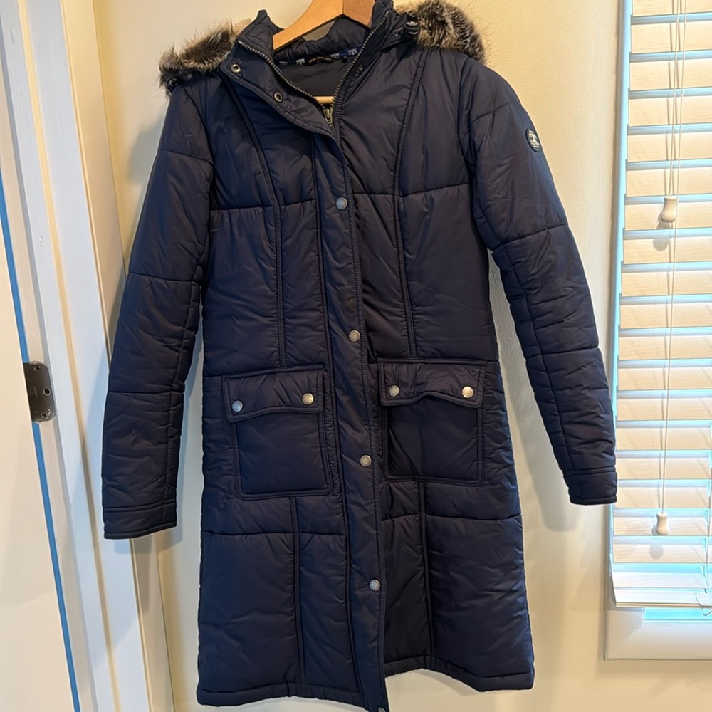 Barbour Navy long puffer coat US size 4. In excellent condition